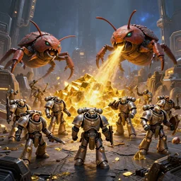 squad of space marine dwarfs mineing gold while fighting giant bugs, warhammer 4 0 k, halo, star citizen, halo, mass effect, high tech industrial, artstation unreal, 4 k, 8 k, hd