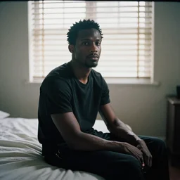 Hyper realistic portrait of a ONE Black man sitting on his bed, light entering through a blind, Hyper realistic film photography by Yohji Yamamoto, Zeiss 50mm f2.8, Hasselblad, insanely detailed