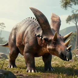 realistic jurassic park scene of ankylosaurus with big fat scales, spikes on head, cinematic, ultra realistic, beautiful terrain, uncropped.