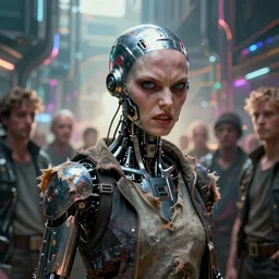 a fine portrait of a humanoid hermaphrodite cyborg with worn clothes and a face with rebellious anger and hatred against the oppressors and authoritarians, his goal is to free art from the clutches of the technological global establishment, cyber punk dystopian fulcolor volumetric light utopic futuristic conceptual extraterrestrial of free art