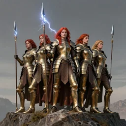 full - body matte portrait of a legion of red haired lesbian valkyries in a heroic pose and wearing thick bronze plate armor at the top of a mountain holding a spear made of lightning, art by albert bierstadt, alphonse mucha, andreas rocha, greg rutkowski, sharp edges. ultra clear detailed. 8 k. elegant. octane render