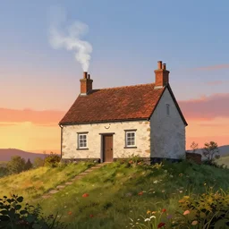 a happy hill with a cottage on top, there is smoke coming out of the chimney of the cottage, two windows and a door on the front of the cottage, the sky is sunset, illustration, high detail