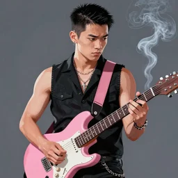 short haired asian rocker guy with a stoic expression, wearing a black vest and playing a pink guitar, smoke in the background, full color digital illustration in the style of frank frazetta,, artgerm, artstation trending