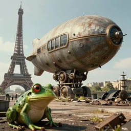 fallout 5 intro, wide angle cinematic shot, frog perspective of an ultra detailed, super realistic gritty, hero prop, exquisitely weathered gigantic mechanical steampunk blimp with armoured hull and cockpit, stationairy next to the remains of the eiffel tower, sharp focus, 7 0 s visuals, ultra detailed - 7 6 8