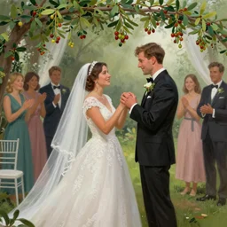 a couple getting married under the mistletoe outside. celebration freedom excitement intricate, elegant, highly detailed, digital painting, artstation, concept art, sharp focus, illustration, by justin gerard and artgerm, 8 k