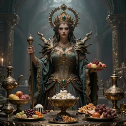 a stunning portrait of the goddess of feast and famine, ominous, cinematic shot, realistic, photography, photorealisic, fantasy, ornate, intricate detail, epic, high definition, 8 k, midjourney, artstation