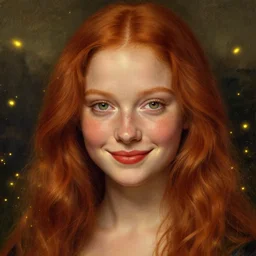 a highly detailed portrait of a red haired young woman, among golden fireflies and nature, long hair, green eyes, hint of freckles, round gentle face, cheeky smile with red lips, deep focus, smooth, sharp, golden ratio, elegant, digital painting by leonardo da vinci, artgerm, alphonse mucha