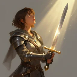 mid - shot fantasy character illustration study of a pious repentant plain short - haired female warrior looking up into a beam of light offering a sword in both hands, divinely lit, radiant glowing, trending on artstation, digital art ( by jesper ejsing ) ( by clint cearley ) ( by raluca marinescu )