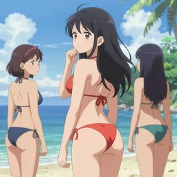 anime girl in bikini showing back side and wondering who she will make friends with