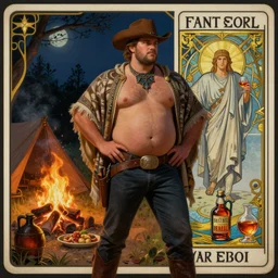 a dramatic, epic, ethereal painting of a handsome thicc shirtless cowboy beer belly wearing a poncho | background is a late night campfire with food and jugs of whisky | tarot!! card, art deco, art nouveau | by Mark Maggiori | trending on artstation
