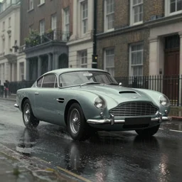 a wholesome animation key shot of!! one!! focused!! aston martin db 5!!, dynamic, on a wet london street, raining, wide shot, studio ghibli, pixar and disney animation, sharp, very detailed, high resolution, rendered in unreal engine 5, anime key art by greg rutkowski, dull atmospheric lighting