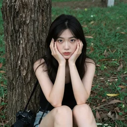 photo of a pretty, mysterious, young woman, sitting by a tree, real photo, sharp quality, real camera, extremely detailed, face, eyes, hands, body, dslr, 8 k, wideangle