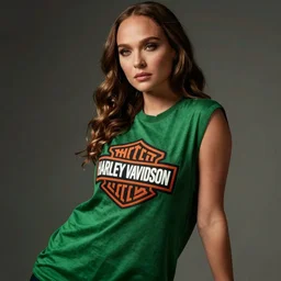 a beautiful natalie portman wearing a long loose green sleeveless t - shirt with harley davidson logo, seductive pose, ultrarealistic, dramatic lighting, cinematic, artstation, high detail, by hajime sorayama, peter mohrbacher, boris vallejo, aaron horkey