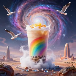 Behold - rainbow boba!!!, And the flung spray and the blown spume and the seagulls crying!!!!, An Odyssey Beyond Reality, cinematic, hyper realism, high detail, octane render, unreal engine, 8k, vibrant color, from the spirals of galaxies to the hexagonal shapes of snow crystals!, a desolate alien world full of rich colors!!, unique architecture, by andrea chiampo and chet zar