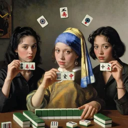vintage Hong Kong movie poster, 3 young and beautiful women, symmetrical faces, with hands holding Chinese Mahjong tiles, facing to audience, painted by Vermeer, Kerry James Marshall and Norman Rockwell, cinematic lighting by Wong Kar Wei, Stanley Kubricks, hyper realism, ultra realistic, 4K, highly detailed, floating symbols of eyes