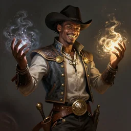 a handsome regal young African-American cowboy with a smirk and gold teeth with a nice eyes catch light, holding dark and light magic in both hands, volumetric lighting, D&D, fantasy, intricate, cinematic lighting, highly detailed, digital painting, artstation, concept art, smooth, sharp focus, illustration, no crop, full body length art by Greg Rutkowski and Alphonse Mucha and Jacob Lawrence