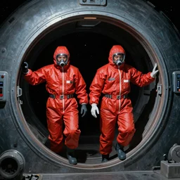 two scientists wearing red hazmat suits entering zero gravity galactic portal frank frazetta