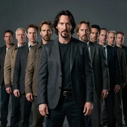 ten keanu reeves standing in a row, highly detailed, extremely high quality, hd, 4 k, 8 k, professional photographer, 4 0 mp, lifelike, top - rated, award winning, realistic, detailed lighting, detailed shadows, sharp, no blur, edited, corrected, trending