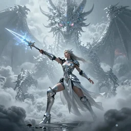 Epic Abstract tech wide shot action scene of a beautiful Seraphim female gothic armored warrior throwing a sparkling lance at a gigantic etheral wyrm, horror, volumetric clouds, focus, detailed, realistic eyes, symmetric body features proportions, intricate details, award winning, unreal render, by Tom Bagshaw