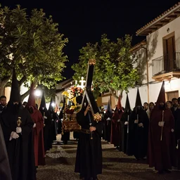 A Holy Week procession in a lush Spanish village at night. A person at the front holds a cross. El Greco.