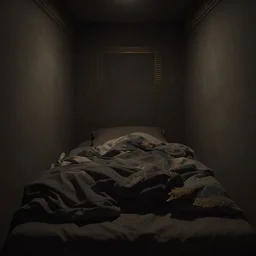 interior view of a small space pod bed in wall, tight space, claustrophobic, messy blankets, dark colors, minimal light, close up, dim lighting, muted colors, unreal engine render, by makoto shinkai takashi takeuchi, realistic, futuristic, modern egyptian style