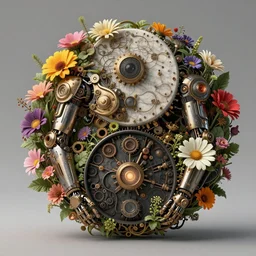 a beautiful intricate fine art portrait photo of a  mechanical industrial steampunk cybernetic yin yang symbol, overgrown with colorful flowers and leaves by natalie shau and  zach sutton, golden ratio composition,  studio lighting, 50mm lens, very detailed, bionic, cybernetic scifi, deep depth of field, artstation, 8K, highly coherent