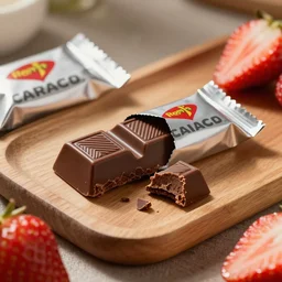 A fancy chocolate bar on an opened silver wrapper, with one piece broken off, on a wooden tray, next to sliced strawberries, macro lens product photo