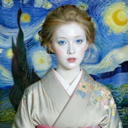 beautiful lady wearing kimono, shiny white skin, blue eyes, by vincent van gogh