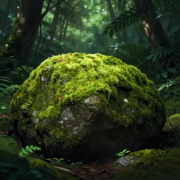 a single rock covered with moss in a deep tropical forest, dappled light, sharp focus, illustration, matte painting
