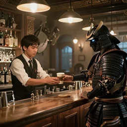 A cyberpunk samurai orders coffee from the barista at the Roman-style bar counter