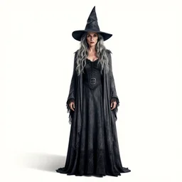 grizzled witch with pointed hat, cinematic studio photo, full body, standing, isolated on a pure white background, centered, whole figure in frame, sharp focus, studio lighting