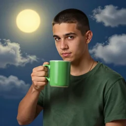 portrait of a ( ( ( una taza de cafe grande y verde ) ) ), ( ( bellaco guapo joven cubano pelo buzzed ) ), nubes y magia, el sol, concept character, by greg rutowski and mucha and bierstadt and remington, trending on artstation
