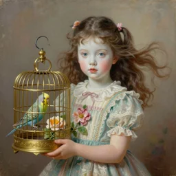 a young girl portrait with porcelain face and two ponytails flying in the wind, dressed in a vintage dress, holding flowers in her hands holding a parrot gold cage, conceptual art, oil fantasy painting, hyperdetailed