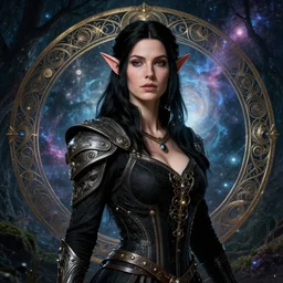 portrait of sarah bolger as dnd elf with black hair black dress as pathfinder in a nebula forest by greg rutkowski, high key lighting, volumetric light, digital art, highly detailed, fine detail, intricate, ornate, complex, octane render, unreal engine, photorealistic digital painting, artstation, concept art, sharp focus, art by greg rutkowski and alphonse mucha