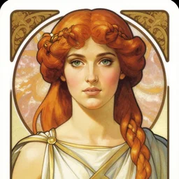 portrait of cassandra the trojan prophetess, redgold hair, greek nose, high cheekbones, meditteranean facial features, braided brown hair, green eyes, chiton, high fantasy, dnd, smooth, sharp focus, illustration, by rossdraws, alphonse mucha, frank fanzzeta, collectible card art