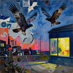 lonely night hawks, painting by shaun tan, detailed, intricate, torn paper decollage, neon color palette, oil on canvas by edward hopper, ( by mattias adolfsson ), by moebius