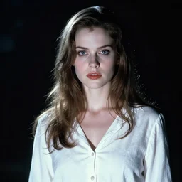 A beautiful woman in white, in the dark at midnight, the movie The Blair Witch Project.