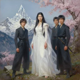 oil painting by ilya kuvshinov,, baugh casey, wu bayard, wong liam, chie yoshii, of a youthful japanese girl, long hair, female warrior in the alps, full body, wearing white gown, highly detailed, otherworldly face, crystal tower in background, sakura tree in background, professional model photography, intense bounced light,, by zack snyder