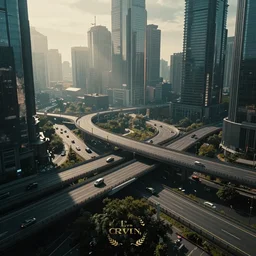 An endless highway interchange at the edge of a cyberpunk city.