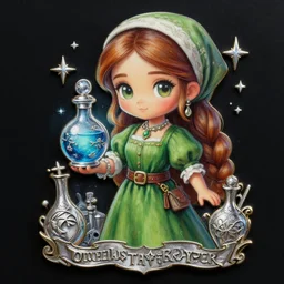 a portrait of girl farmer wearing green dress, magic potion, silver magic, fantasy, dungeons and dragons, an ultrafine detailed painting, chibi, detailed painting, boris valejo. octopath traveler decal!!!