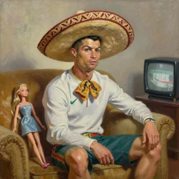 portrait of cristiano ronaldo wearing a sombrero on his head, sitted on the couch with a barbie doll, watching television, oil on canvas by william sidney mount,