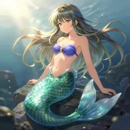 beautiful anime mermaid, intricate, sharp focus, lens flare, bloom, illustration, highly detailed, digital painting, concept art, matte, art by ruan jia and wlop and greg rutkowski, masterpiece