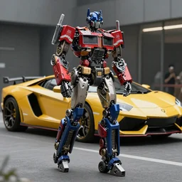 “Humanoid robot made by Lamborghini walking by, on its feet, by Beeple, hyperrealistic, transformers, cinematography”