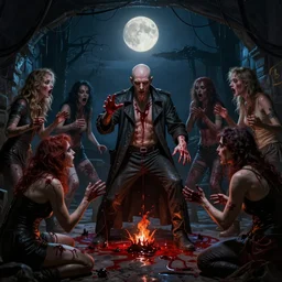 midnight moonlight underground realistic matte painting of wan bald british man surrounded by tweakers addicts groupies performing ritual bloody magic greg rutkowski artstation hdr vivid color ( ( ( ( ( ( ( ( alphonse mucha ) ) ) ) ) ) ) ) )