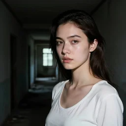 A very macular woman in white, dark hallway in abandoned building at midnight, dark place, deep shadow, Close up, Front view, film still