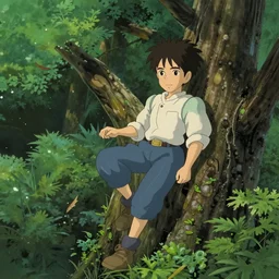 gabriel boric over a tree made by studio ghibli, realistic anime coloring and lighting, detail, high quality, beautiful and magic scene, smooth