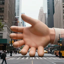 a giant hand appear from street of new york, photorealistic, cinematic, real