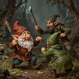 a detailed matte painting of a gnome ambush on a unsuspecting elf, hyperrealism, dynamic lighting