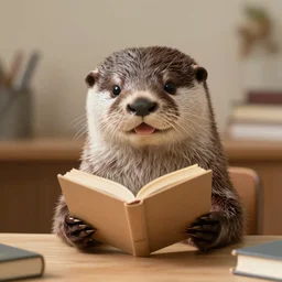 a cute smiling otter reading a book at a desk, realistic