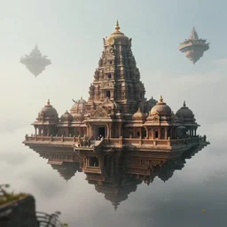 futuristic sci fi cult temple made out of hindu temples flying in sky, foggy sky, around photorealism, unreal engine, 8 k, volumetric lighting, beeple style